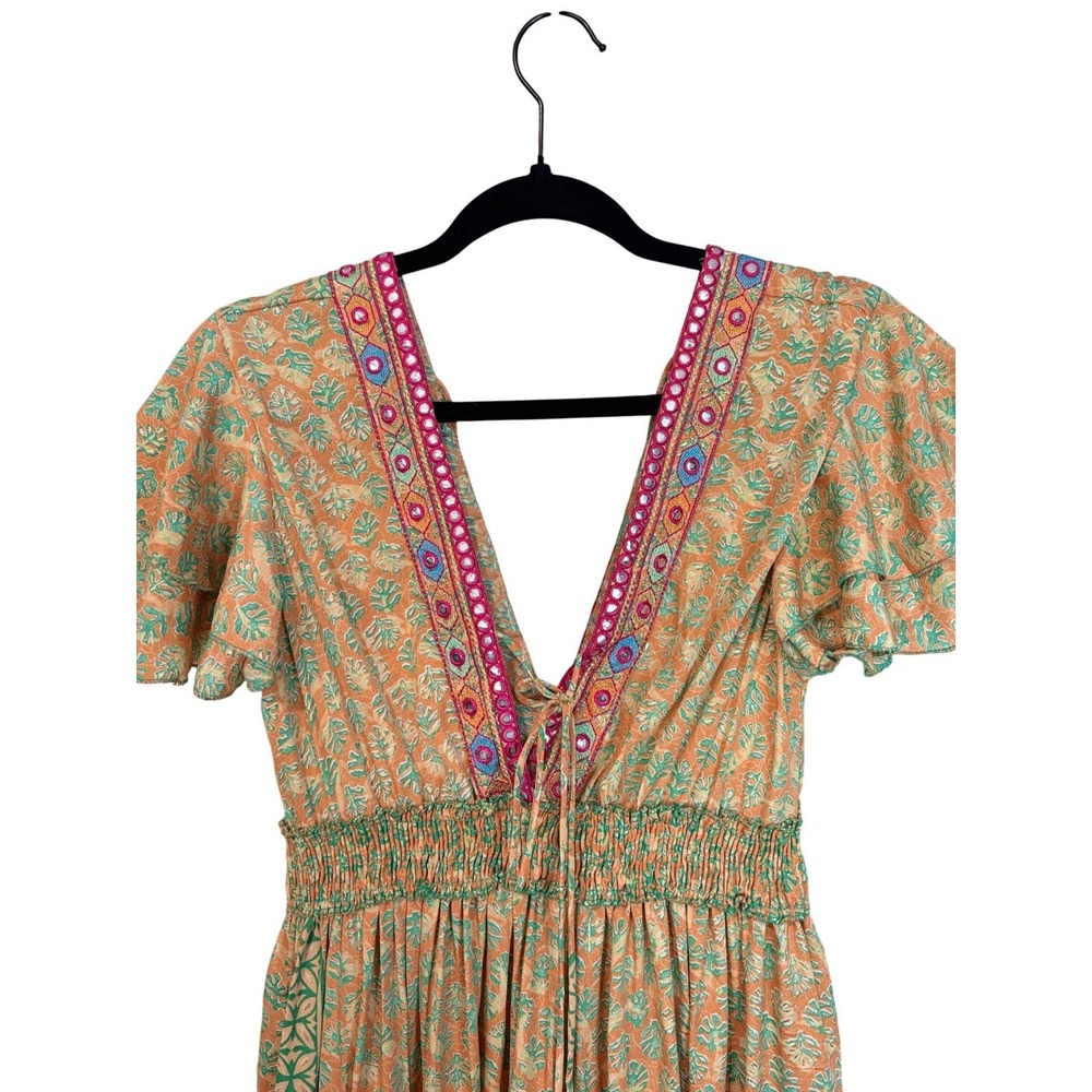Chocolate Preppy Boho Maxi Dress Orange Green Mirror Embroidery Tassel OS - Picture 3 of 9